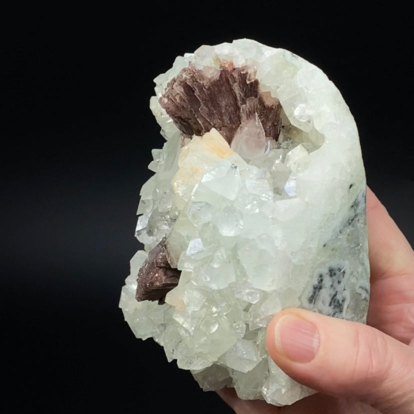 Rare Red-Brown Heulandite Fan with Clear Apophyllite Crystals & Stilbite in a Trimmed-out Pocket of Volcanic Basalt Matrix