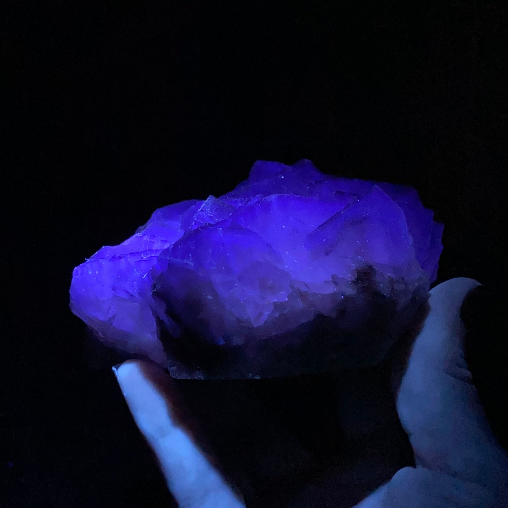 Purple and Blue Stepped Cubic Fluorite Cluster with Calcite, Fluorescent