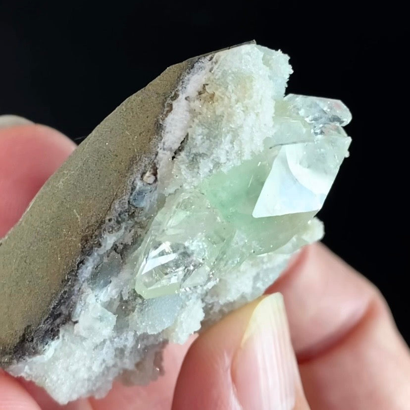Green and Clear Apophyllite Crystals with Stilbite on Trimmed Basalt Matrix