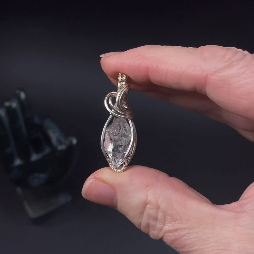 Double Terminated Petroleum Quartz & Sterling Silver Wire Wrapped Pendant