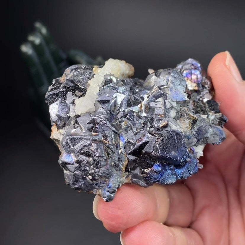 Galena Cluster with Calcite and Blue Iridescence from Trepça Mine Complex, Kosovo
