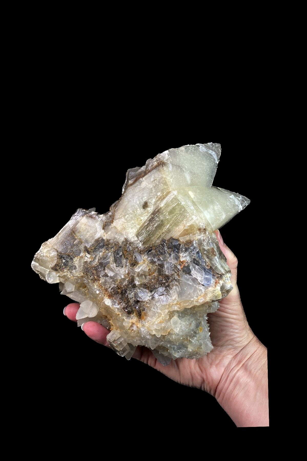 Scalenohedral “Dogtooth” Calcite Cluster with Minor Fluorite