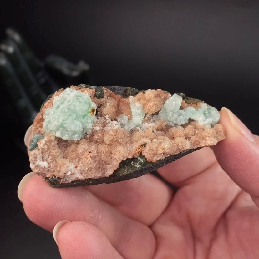 Green Apophyllite Crystals with Stilbite on Trimmed Basalt Matrix
