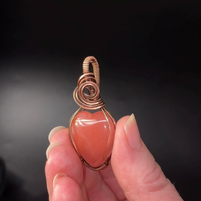 Pink Quartz Heart and Copper Wire Wrapped Pendant