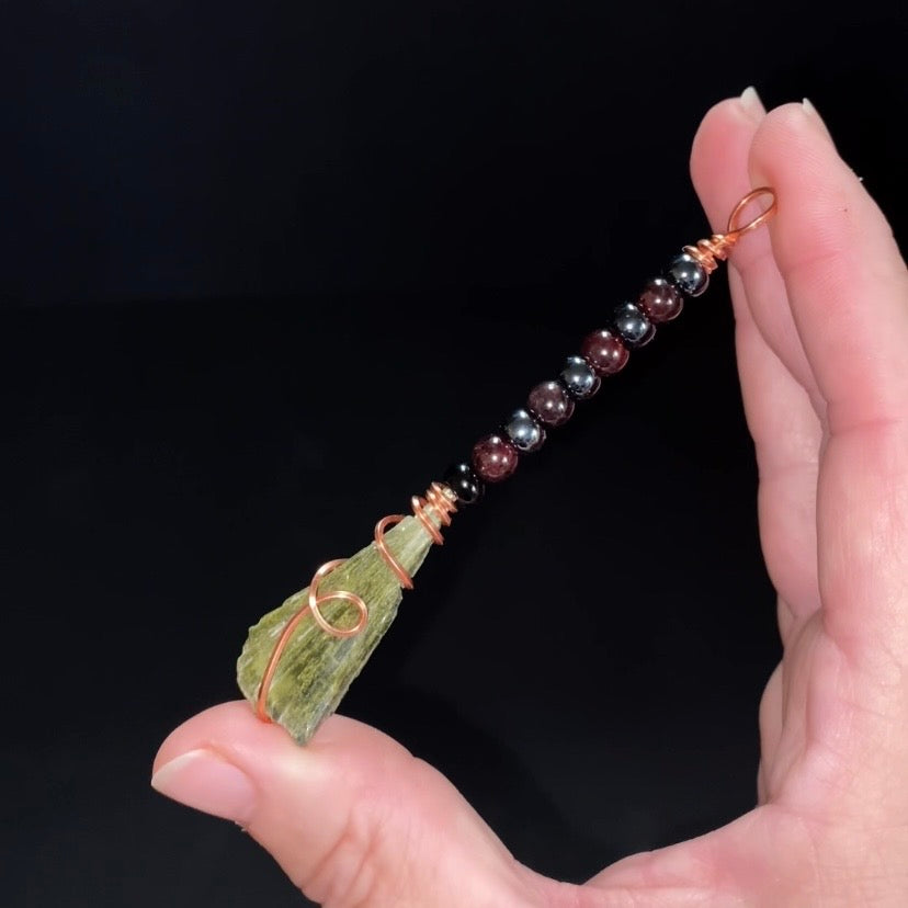 Garnet, Hematite & Epidote Wire Wrapped Witches Broom Pendant - Ornament for Halloween