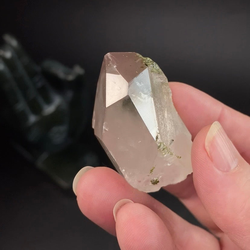 Quartz Crystal with Pink Hematite, White Whisps and Epidote - Natural Raw Crystals