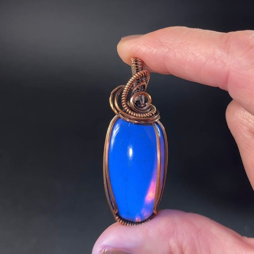 Blue Sumatran Amber and Copper Wire Wrapped Pendant