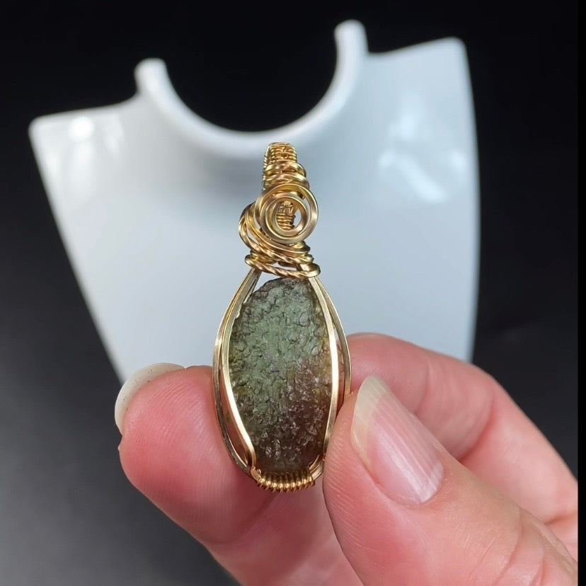 Genuine Moldavite & 14k Gold Fill Wire Wrapped Pendant