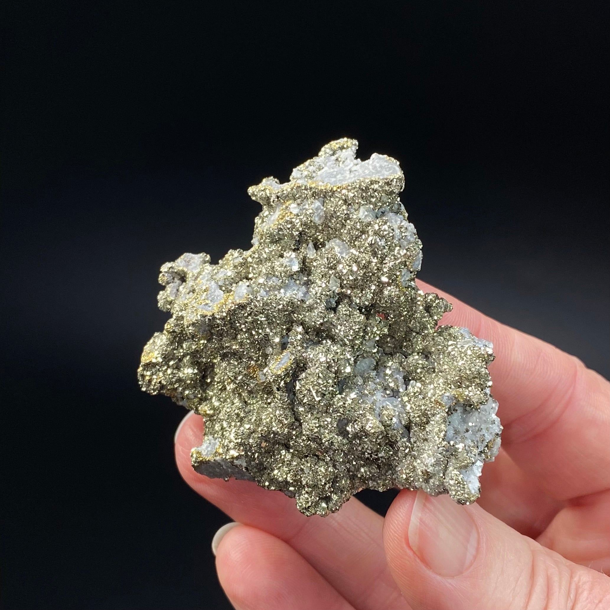 Druzy Cubic Pyrite Crystals over Fluorescent Calcite