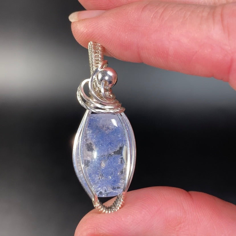 High Grade Dumortierite Included Quartz & Sterling Silver Handmade Wire Wrapped Pendant