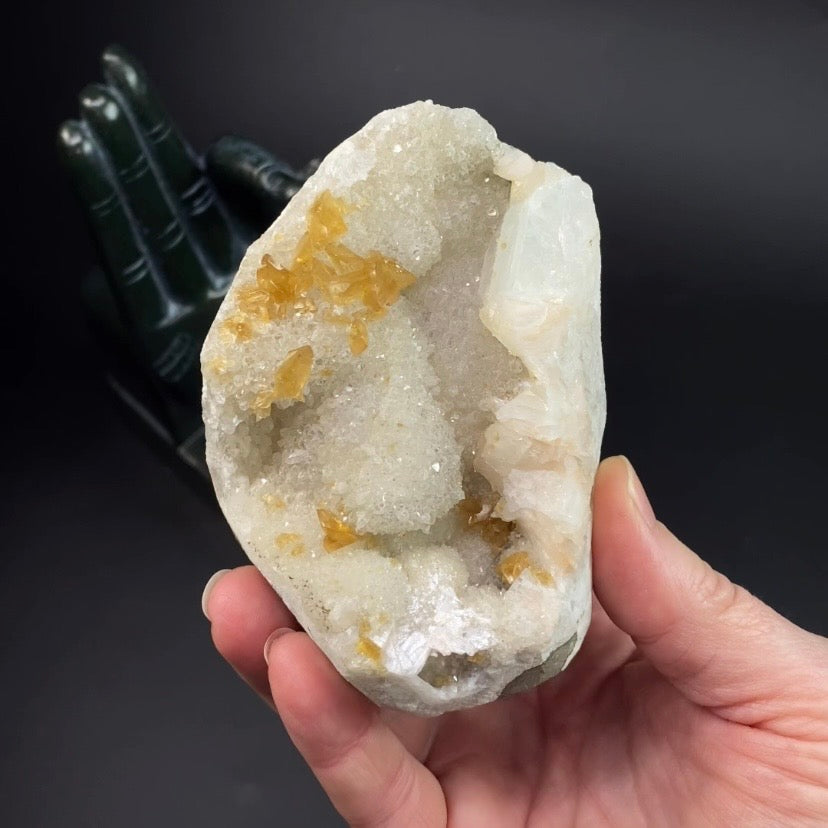 Phosphorescent Golden Honey Calcite Crystals on Druzy Quartz in Basalt Pocket