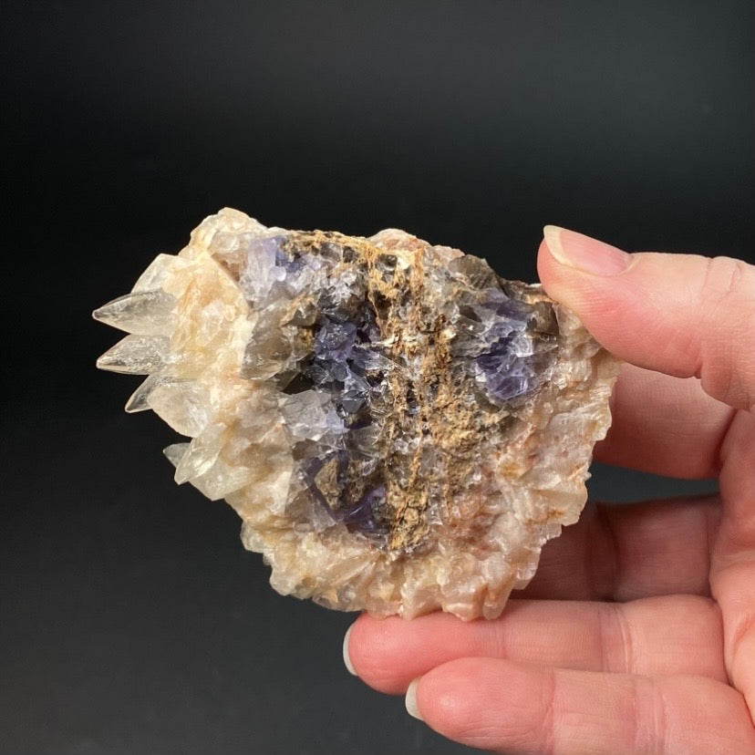 Scalenohedral DogTooth Calcite on Blue Purple Fluorite Matrix, UV Reactive, Fluorescent