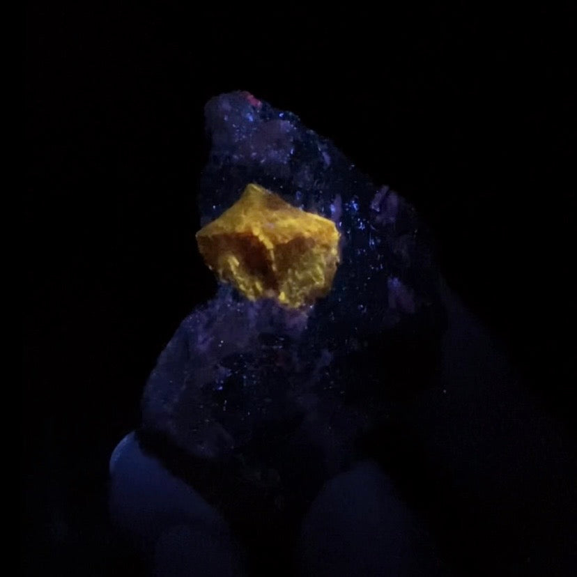 Zircon Crystal with Fluorescent Apatite Inclusions, Biotite-Calcite Aegirine matrix, Astore Valley, Pakistan