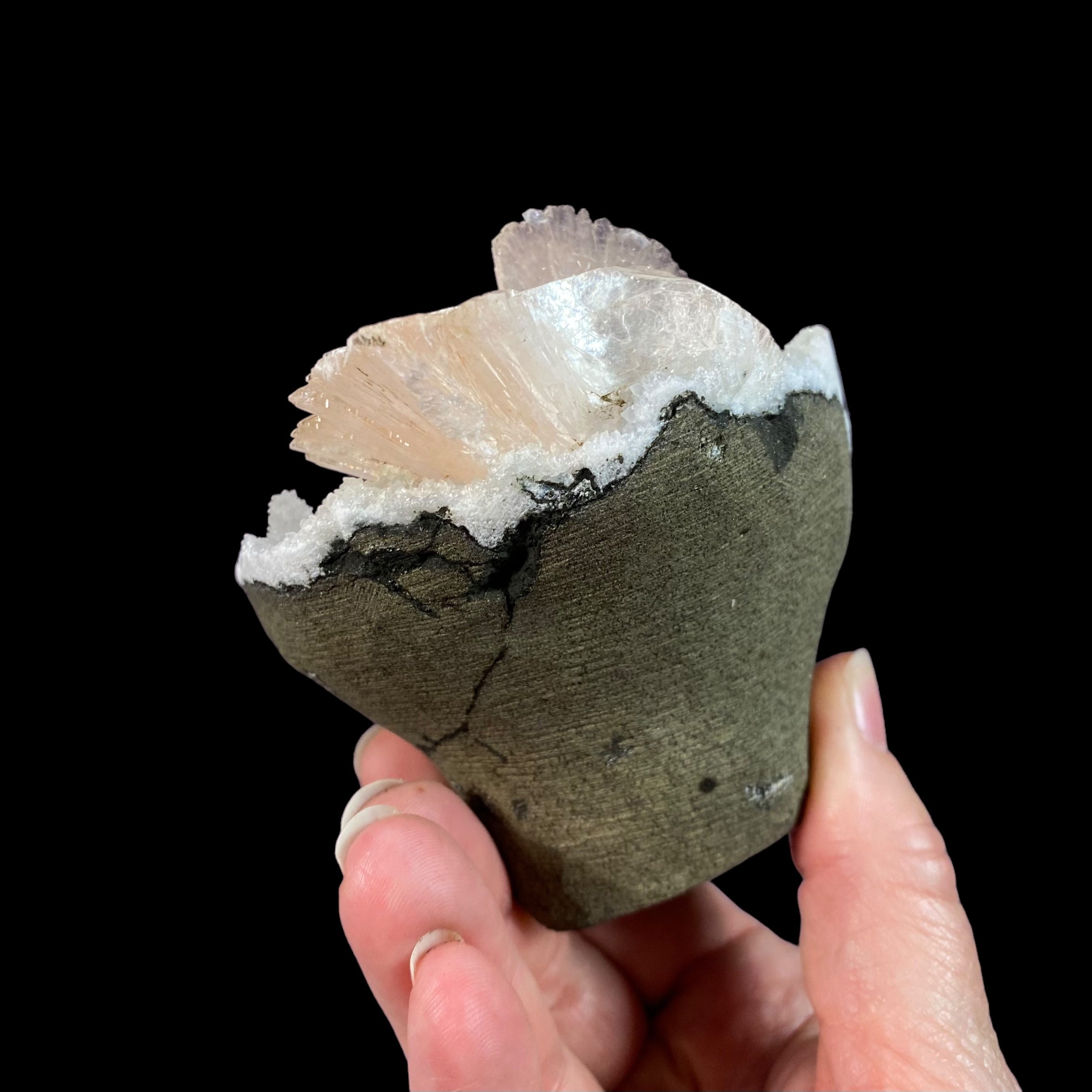 Light Pink Gemmy Heulandite & Minor Mordenite on Chalcedony in a Trimmed Basalt Pocket