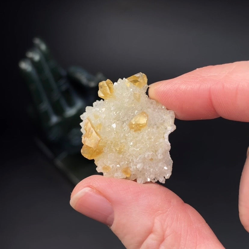 Phosphorescent Golden Feather Calcite Crystals on Druzy Quartz