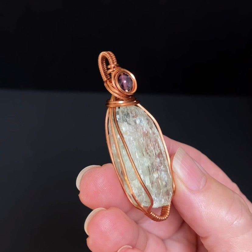 Yellow Spodumene Triphane & Copper Wire Wrapped Pendant with Amethyst - Yellow Kunzite