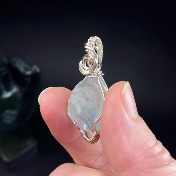 River Tumbled Natural Blue Topaz Crystal & Sterling Silver Wire Wrapped Pendant