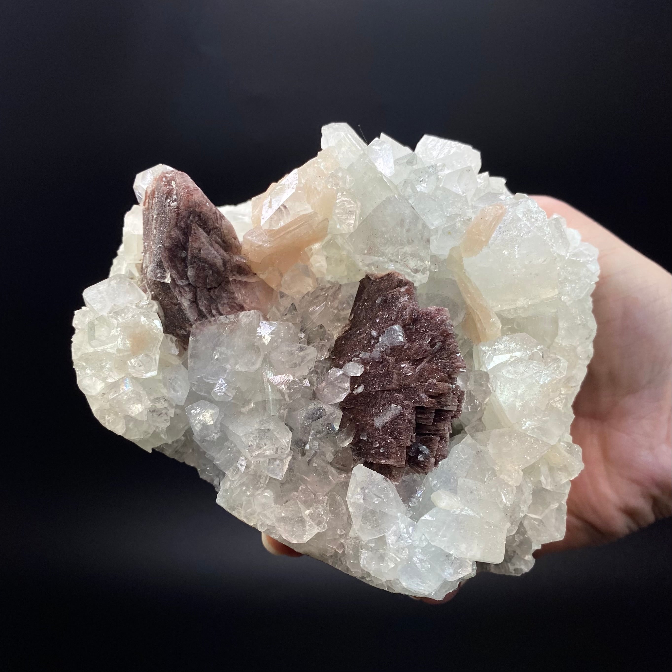 Rare Red-Brown Heulandite Fan with Clear Apophyllite Crystals & Stilbite in a Trimmed-out Pocket of Volcanic Basalt Matrix