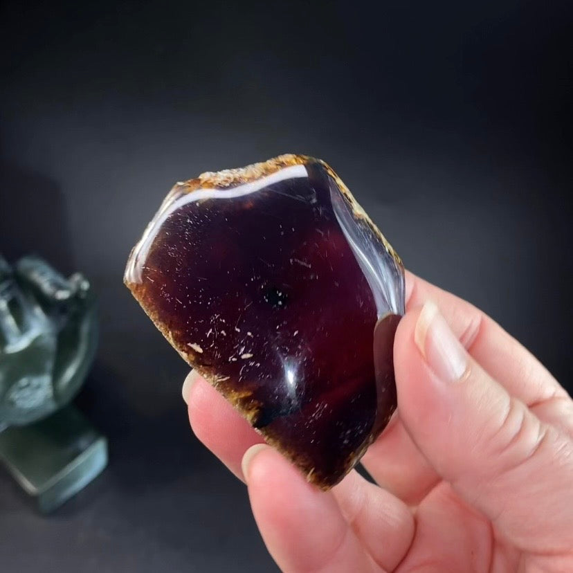 High Grade Sumatran Blue Amber Polished Display Face and Raw Exterior