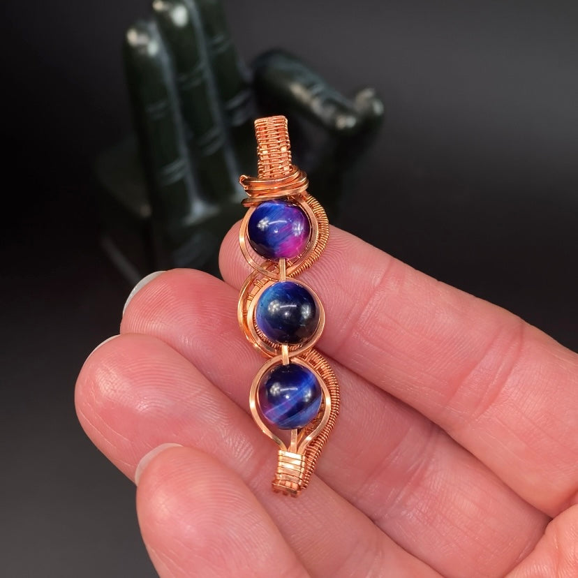 Blue & Pink Chatoyant Tiger Eye Wire Wrapped Pendant in Raw Copper