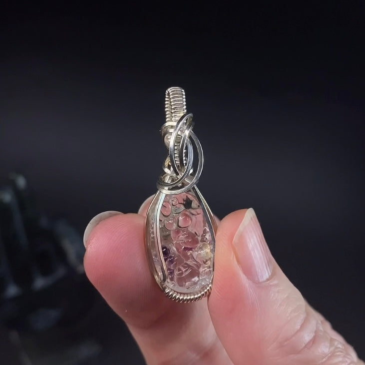 Hyalite Opal with Purple Fluorite & Sterling Silver Wire Wrapped Pendant