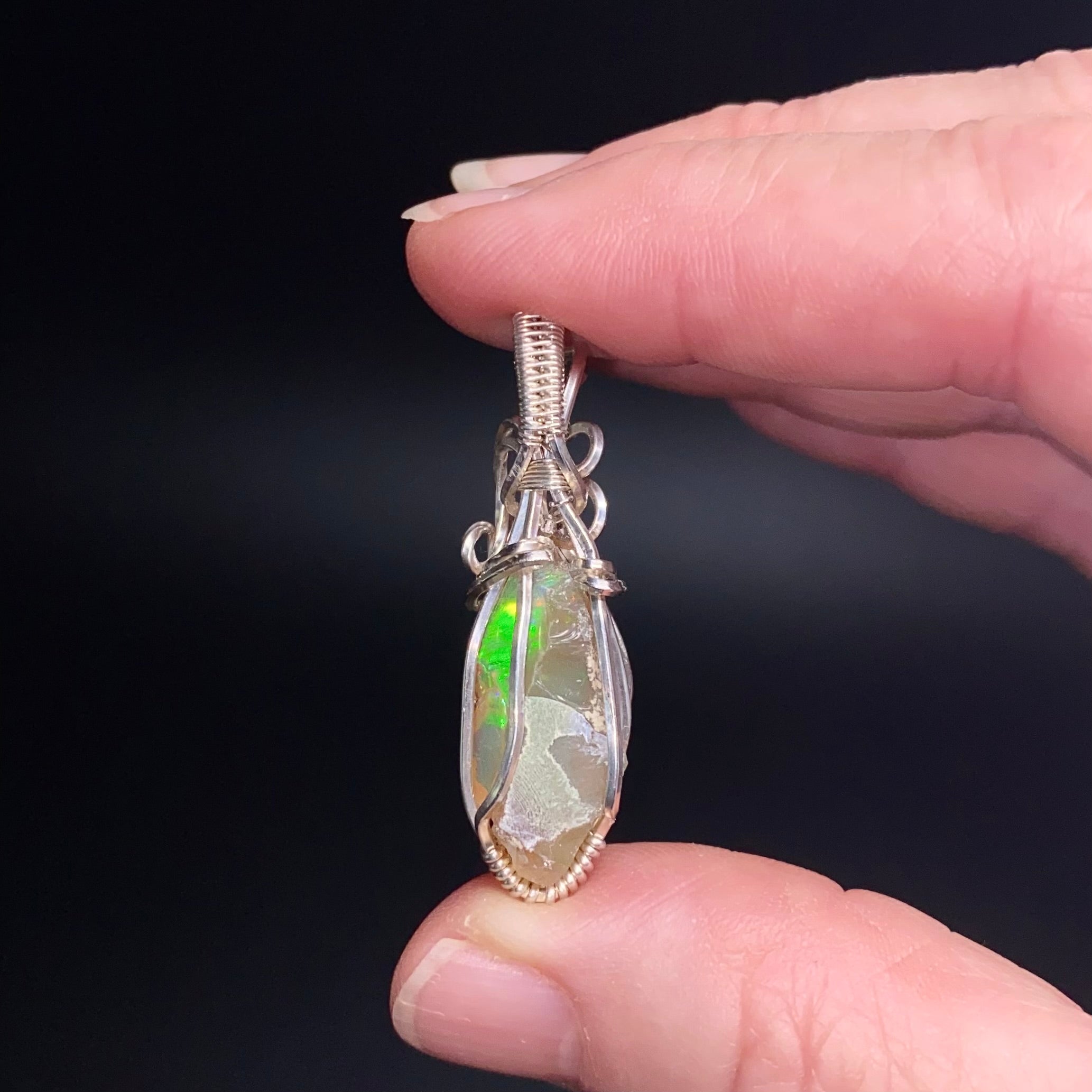 Ethiopian Welo Opal & Sterling Silver Wire Wrapped Pendant