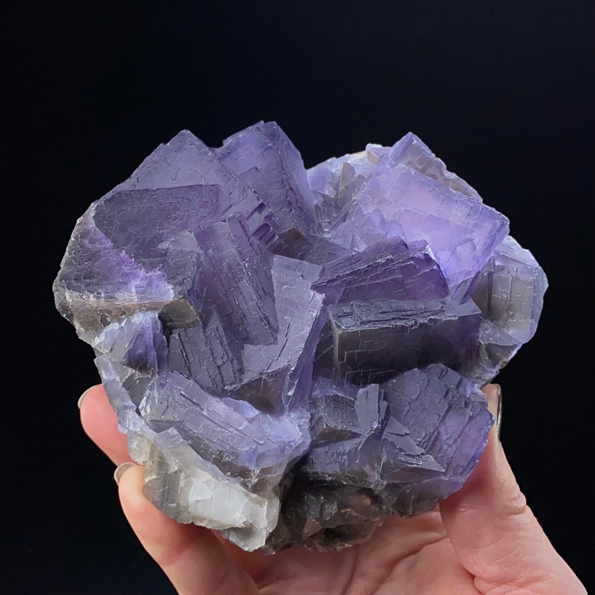 Purple and Blue Stepped Cubic Fluorite Cluster with Calcite, Fluorescent