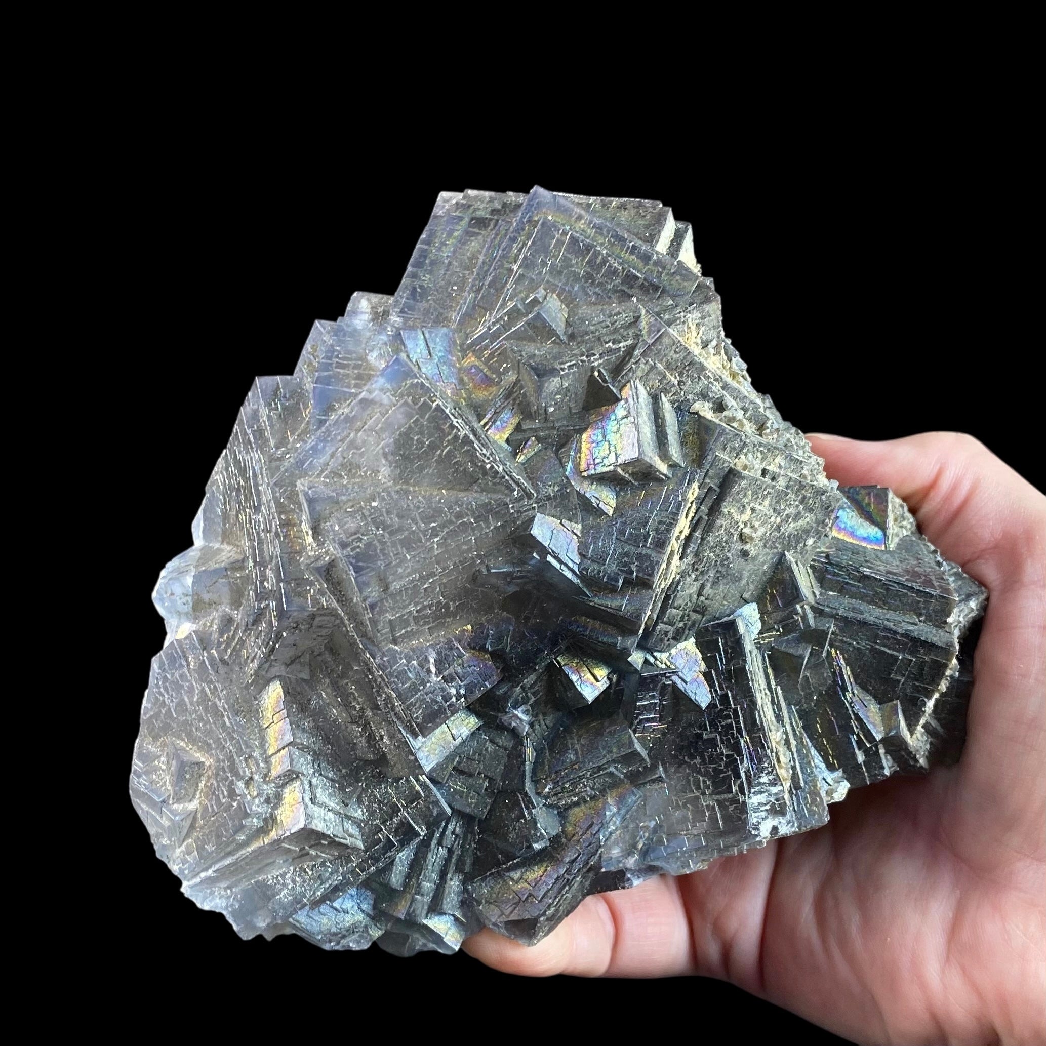 Blue and Purple Cubic Fluorite Cluster with Rainbow Iridescent Iron Oxide Surface