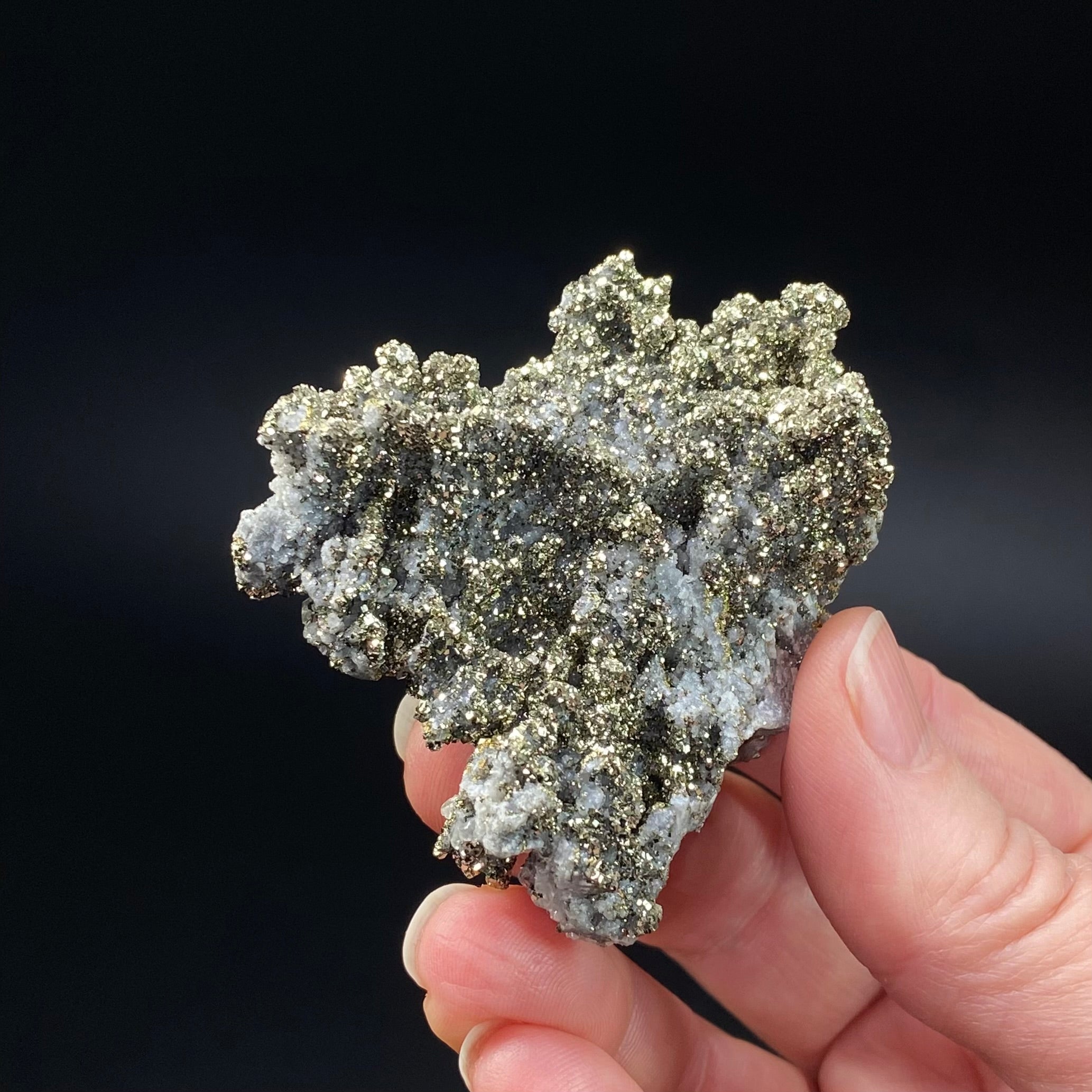 Druzy Cubic Pyrite Crystals over Fluorescent Calcite