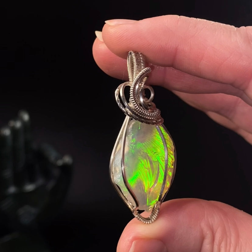 Ethiopian Welo Opal & Sterling Silver Wire Wrapped Pendant