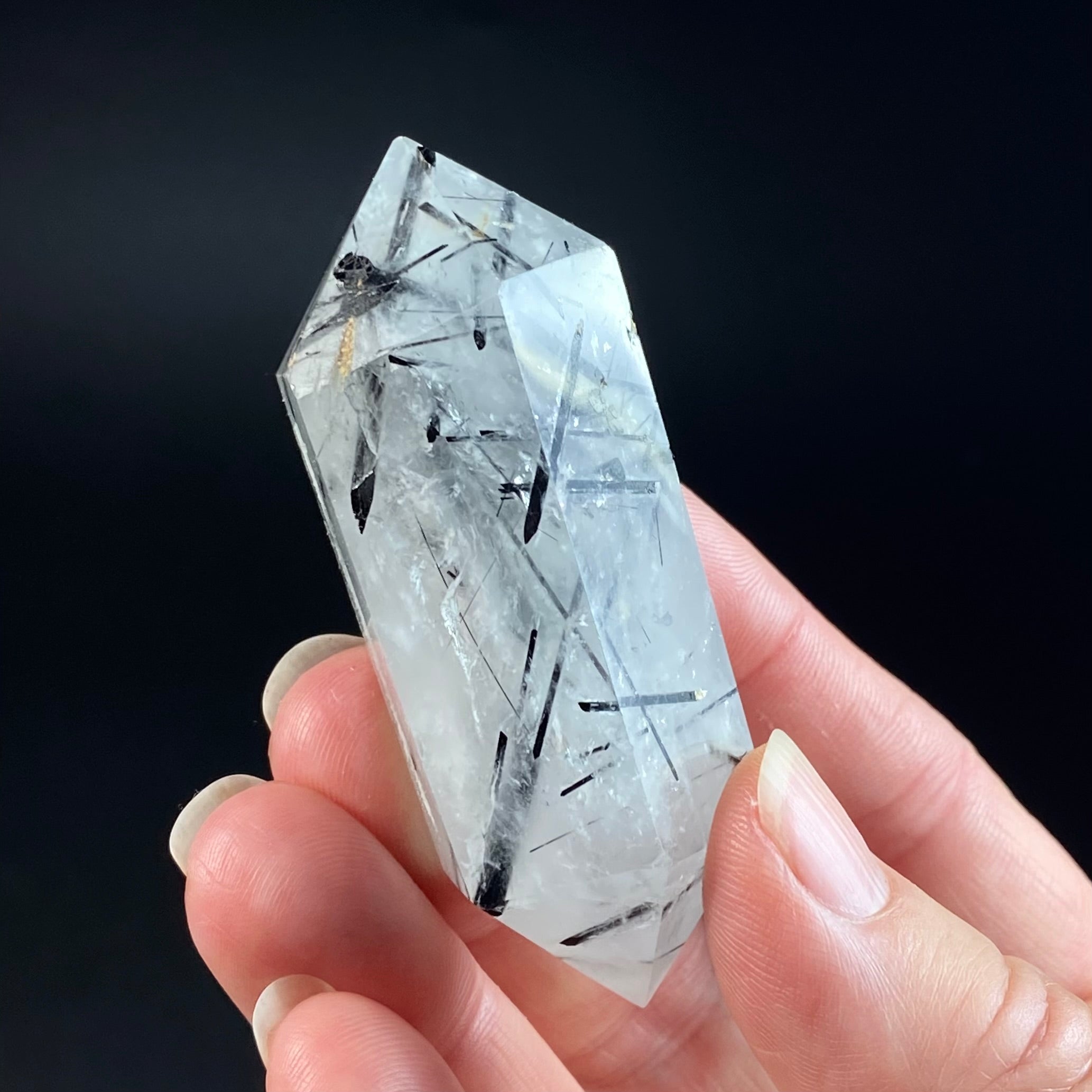 Clear Polished Double Terminated Quartz Crystal with Black Tourmaline Inclusions