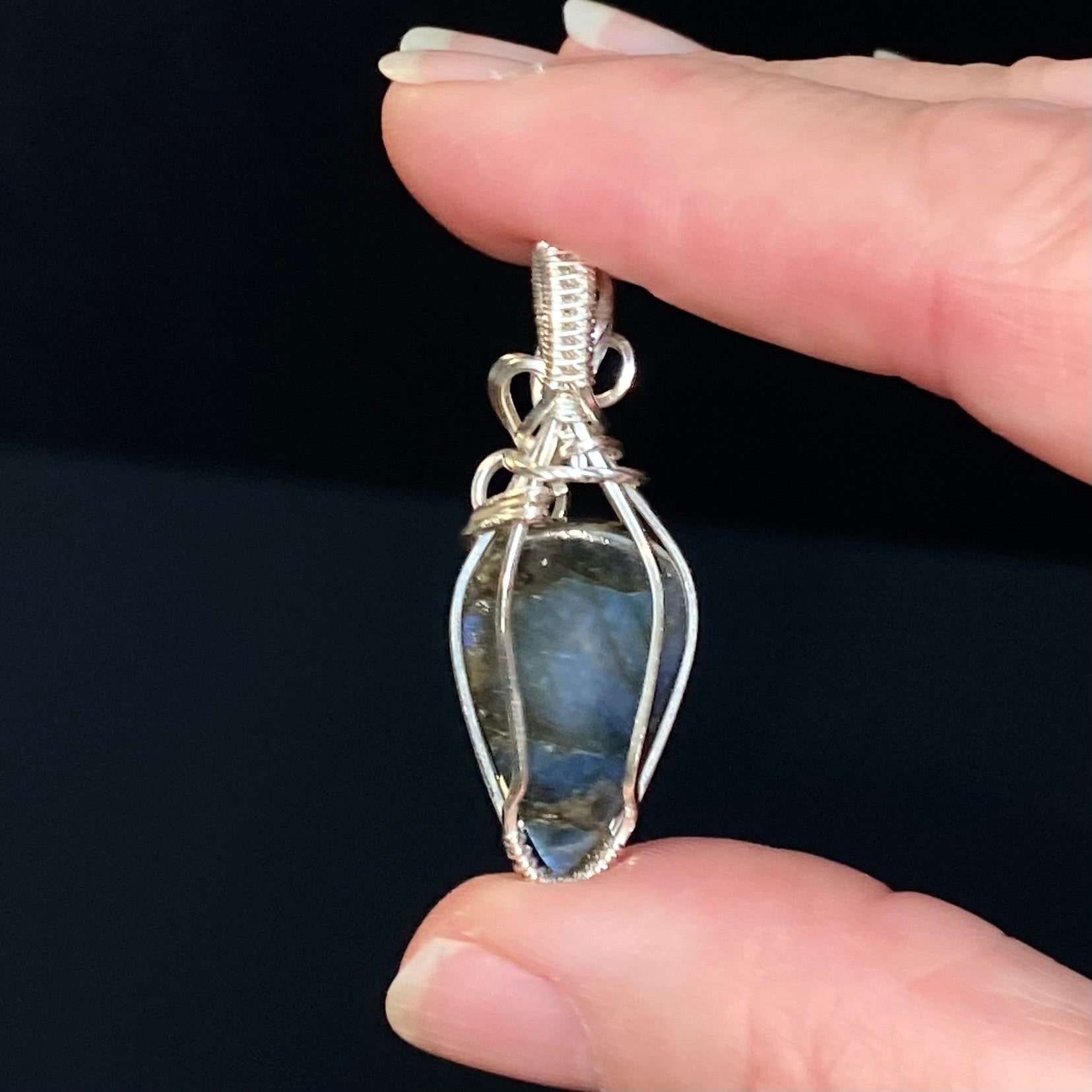 Blue Flash Labradorite and Sterling Silver Wire Wrapped Pendant, Natural Stone Crystal Jewelry