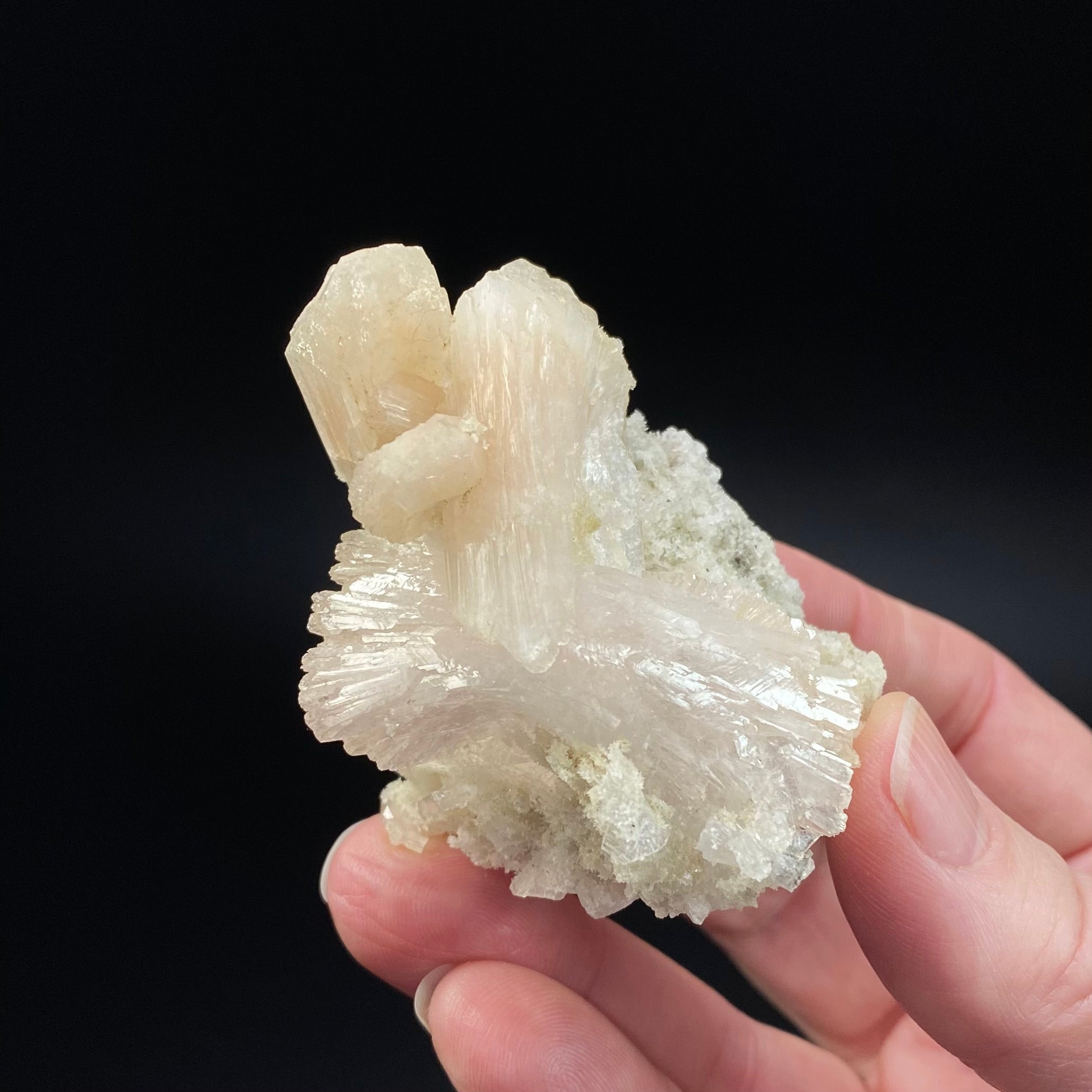 Light Pink Gemmy Heulandite Crystals with Light Peach Stilbite Crystals on a Base of Apophyllite