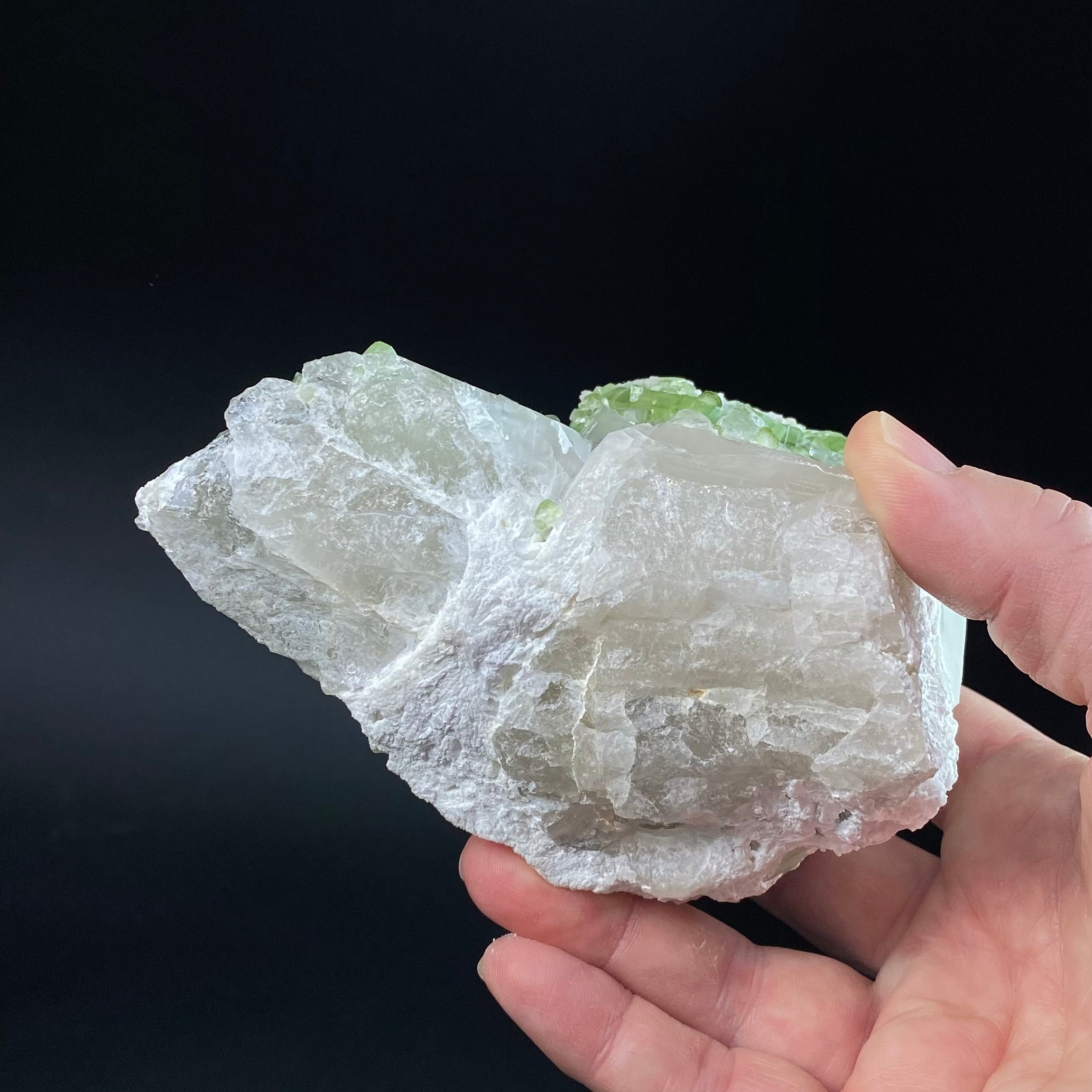 Green Tourmaline Crystals with Lepidolite on Quartz, Laghman, Afghanistan