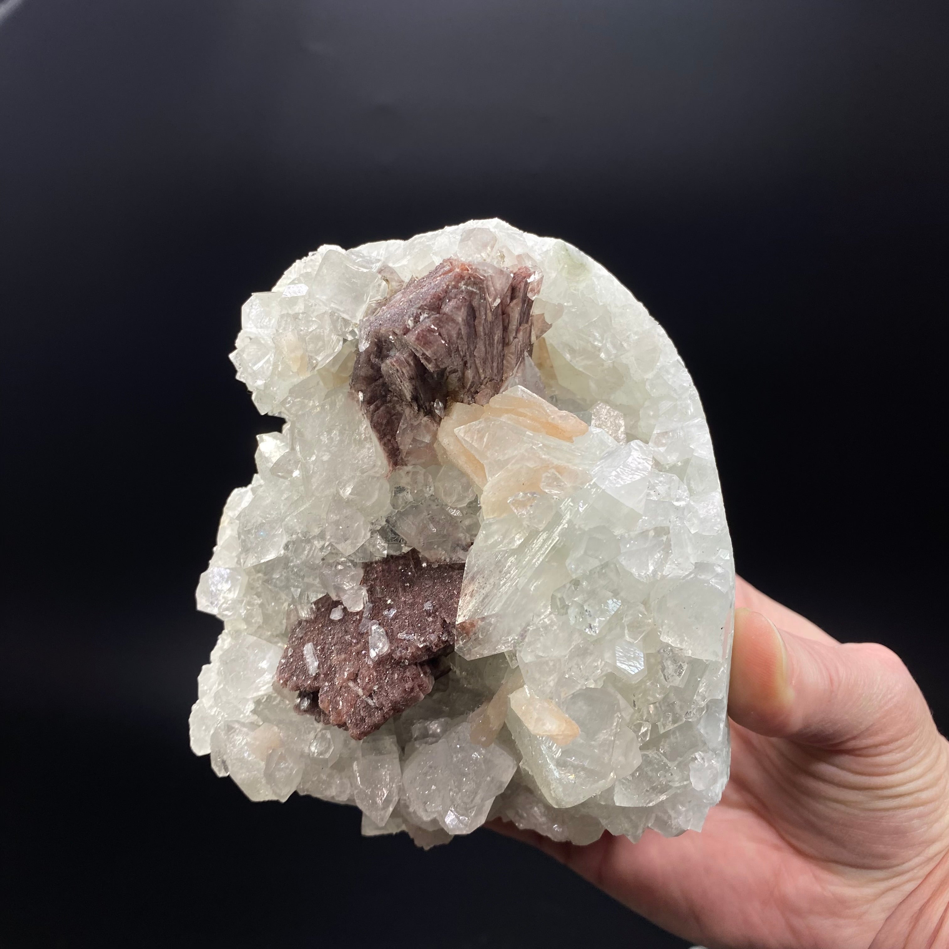 Rare Red-Brown Heulandite Fan with Clear Apophyllite Crystals & Stilbite in a Trimmed-out Pocket of Volcanic Basalt Matrix