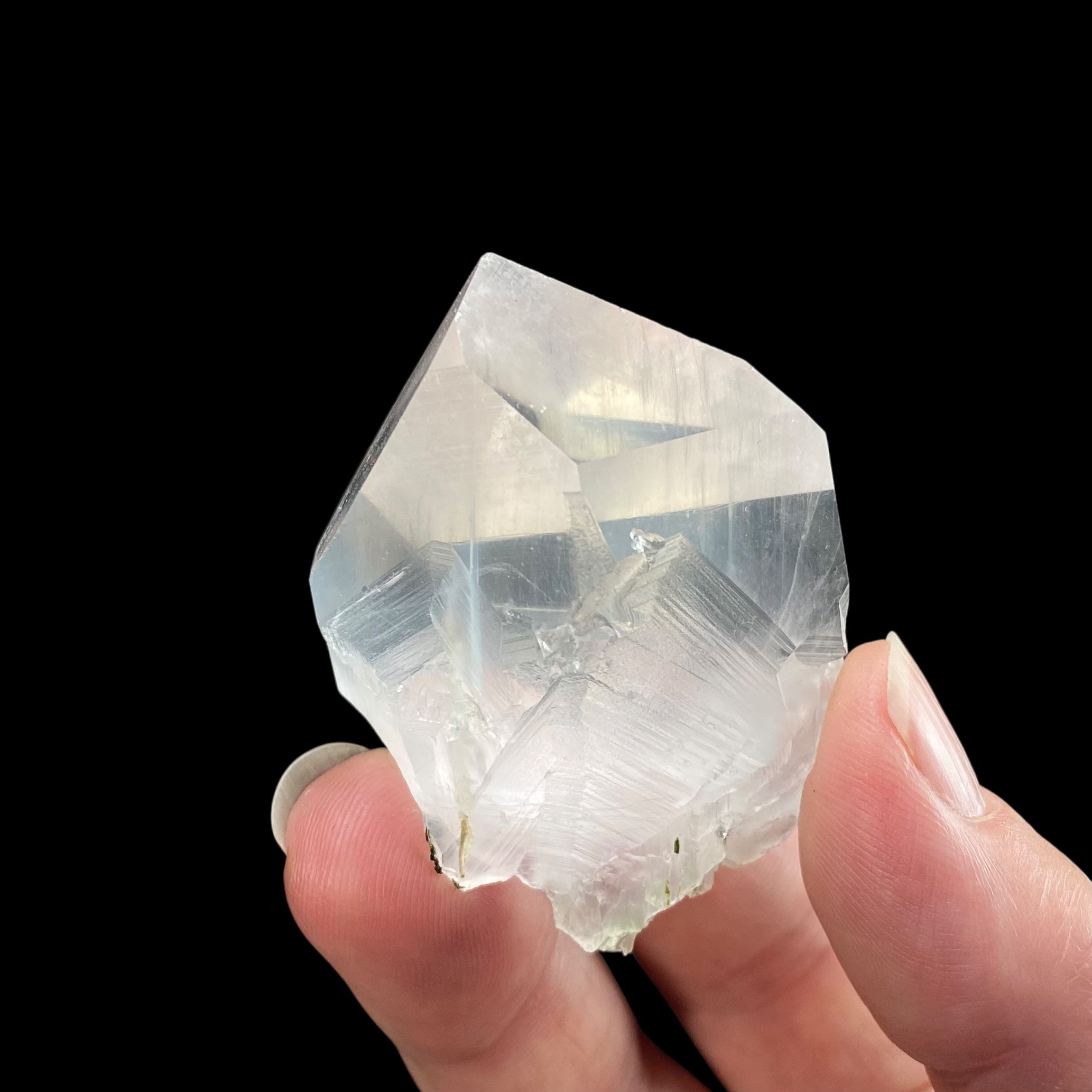 Clear Trigonal Habit Quartz Crystal with Actinolite var. Byssolite Inclusions and Minor Green Epidote