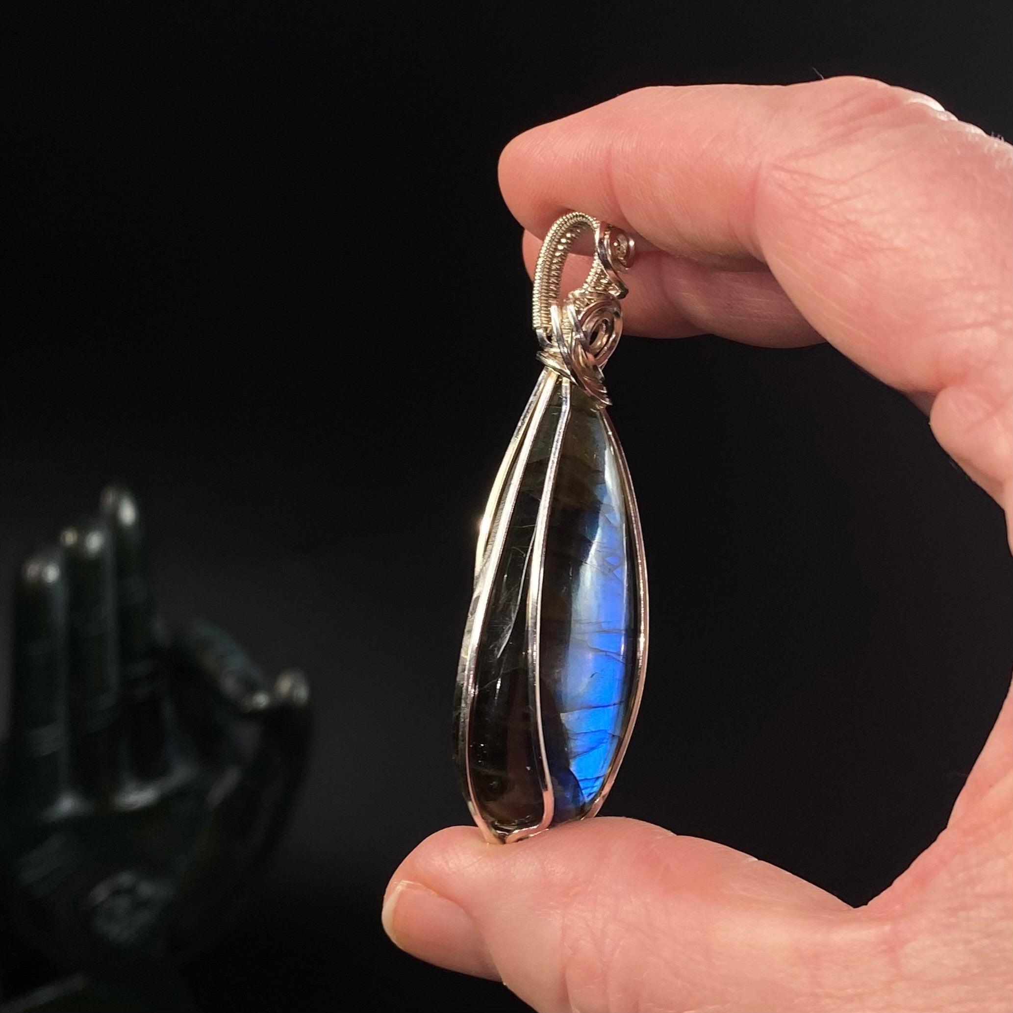 Blue Flash Labradorite & Sterling Silver Wire Wrapped Pendant with Simple Swirl Design