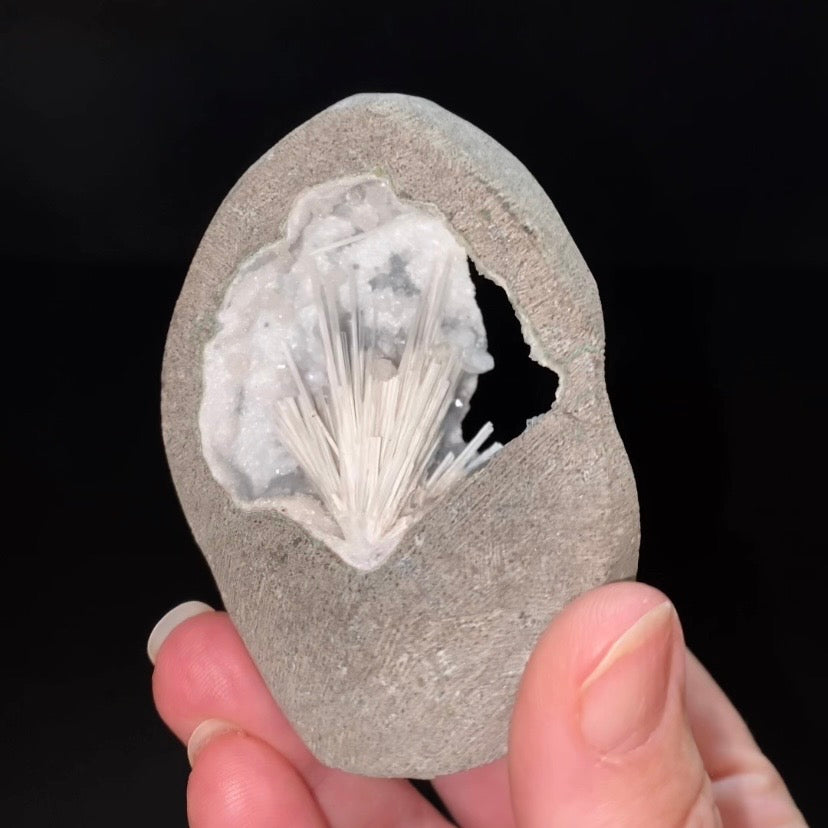 Radiating Scolecite Crystals with Quartz in Trimmed Basalt Pocket