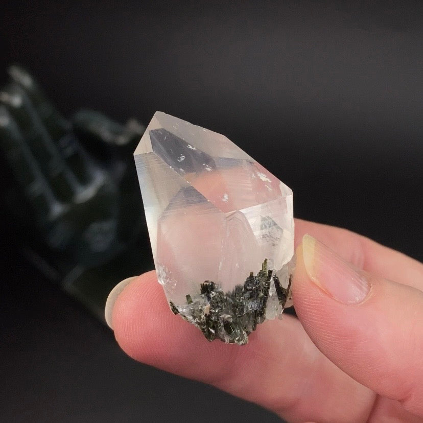 Channeling Quartz Crystal with Epidote Crystals & White Byssolite Whisps - Natural Crystals