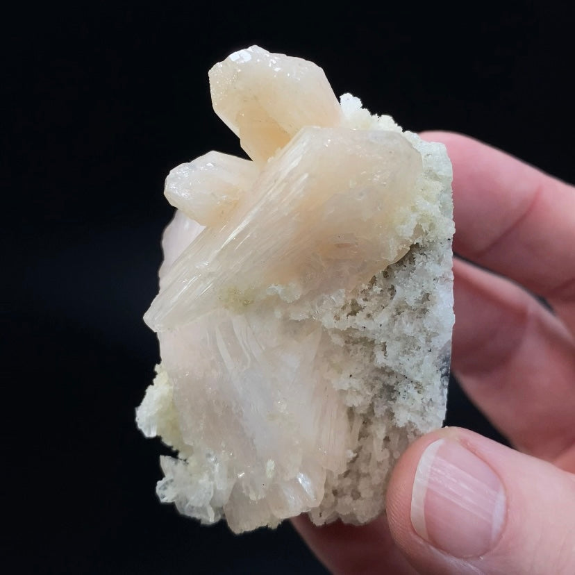 Light Pink Gemmy Heulandite Crystals with Light Peach Stilbite Crystals on a Base of Apophyllite