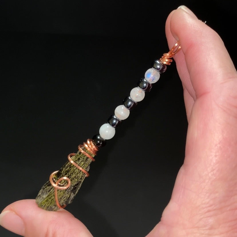Moonstone, Hematite & Epidote Wire Wrapped Witches Broom Pendant - Ornament for Halloween