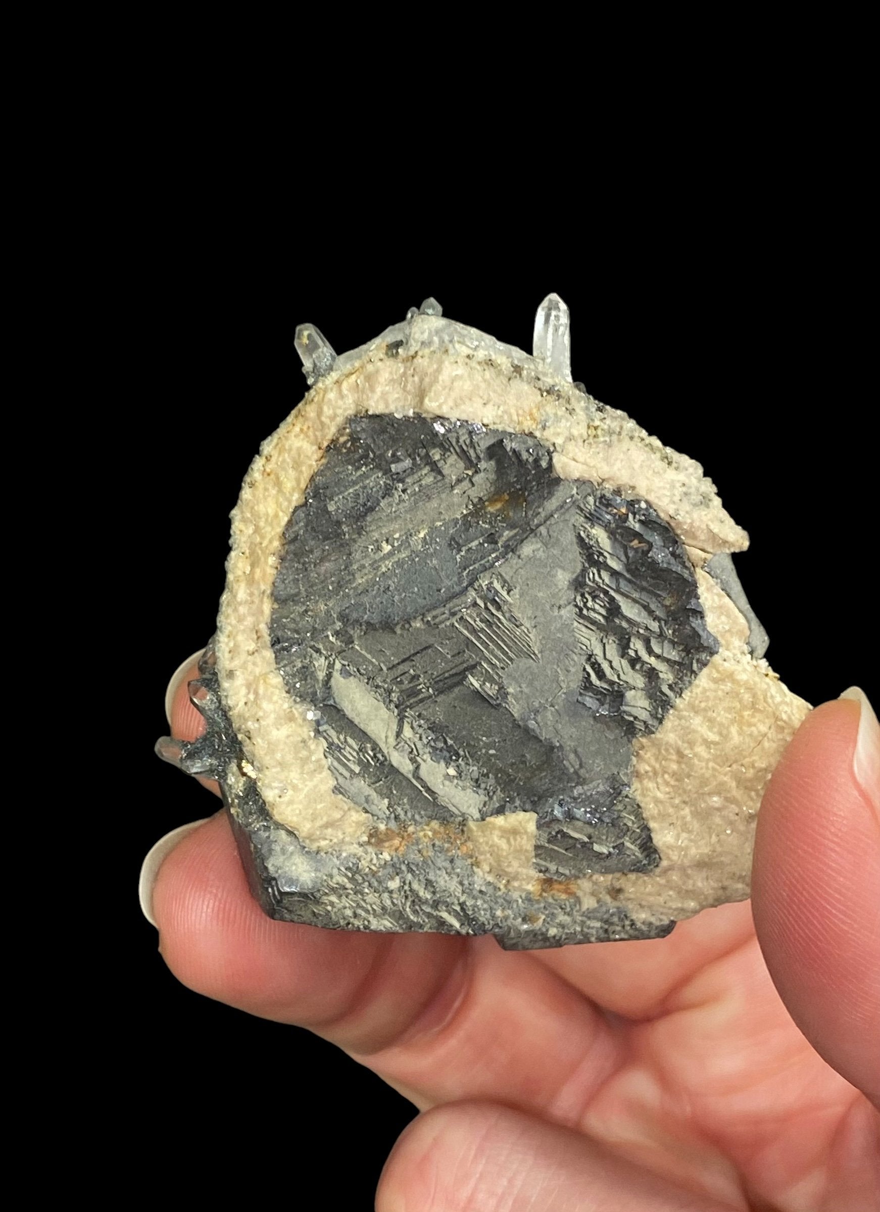 Kosovo Natural Galena Crystal Cluster with Clear Tipped Quartz Crystals and Tan Dolomite from Trepça Mines Kosovo
