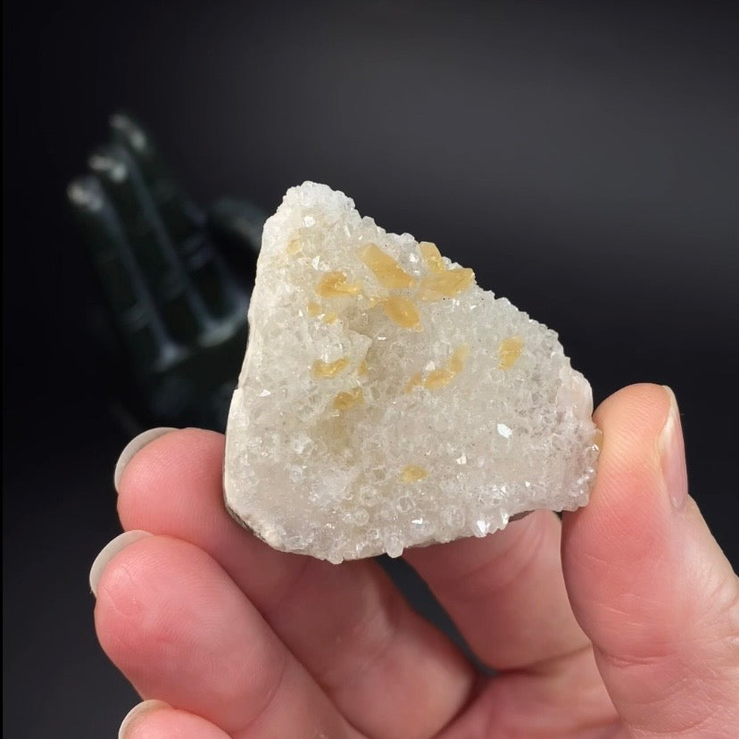 Phosphorescent Golden Honey Calcite Crystals on Druzy Quartz in Basalt Pocket