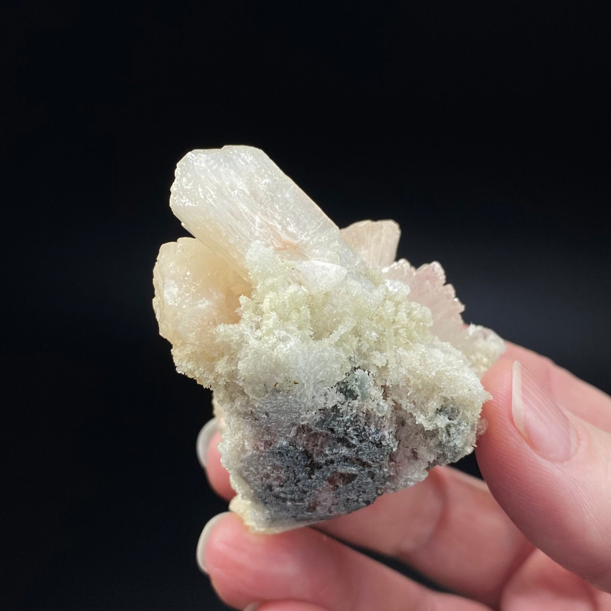Light Pink Gemmy Heulandite Crystals with Light Peach Stilbite Crystals on a Base of Apophyllite