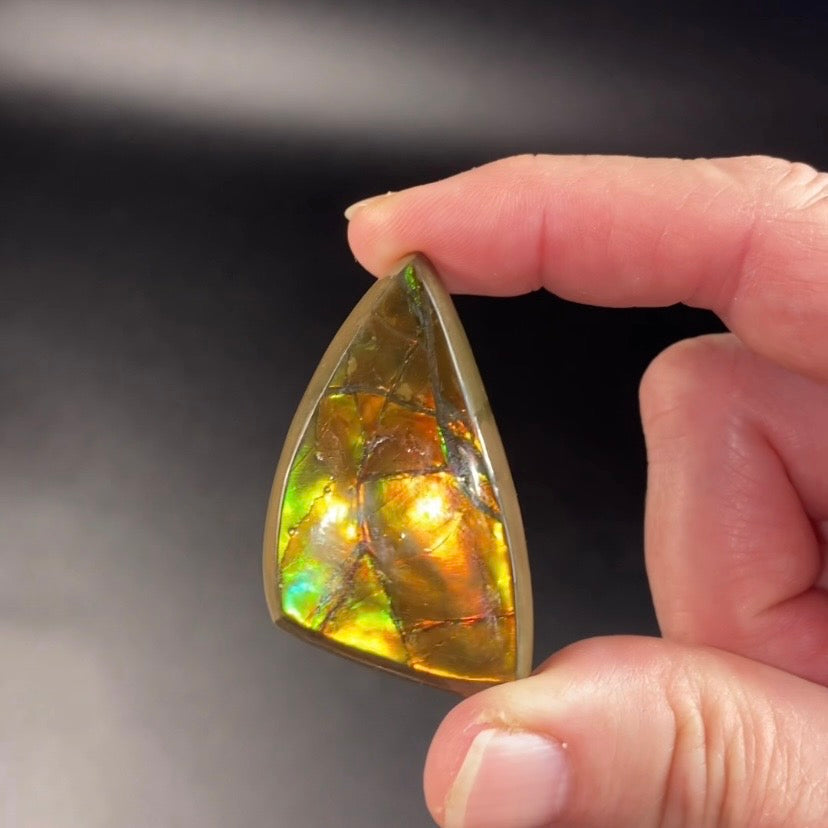 Grade A Canadian Korite Ammolite Polished Freeform Cabochon with Green and Orange Hues