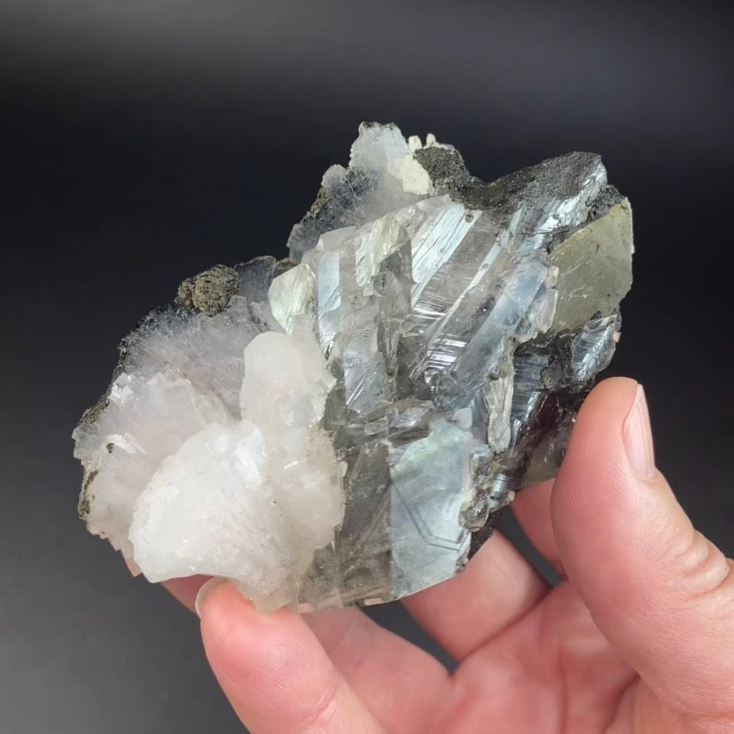 White Clear Heulandite Fan Cluster with Clear Calcite on Basalt Matrix