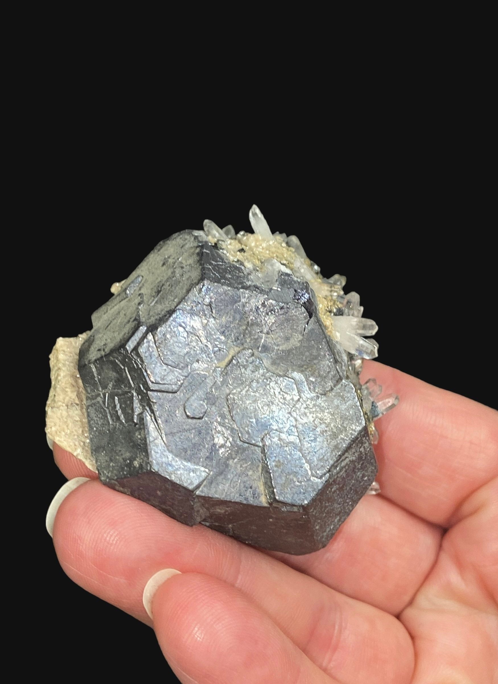 Kosovo Natural Galena Crystal Cluster with Clear Tipped Quartz Crystals and Tan Dolomite from Trepça Mines Kosovo