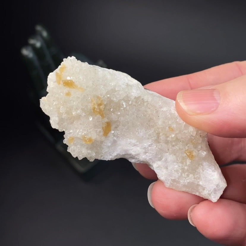 Phosphorescent Golden Honey Calcite Crystals on Druzy Quartz in Basalt Pocket
