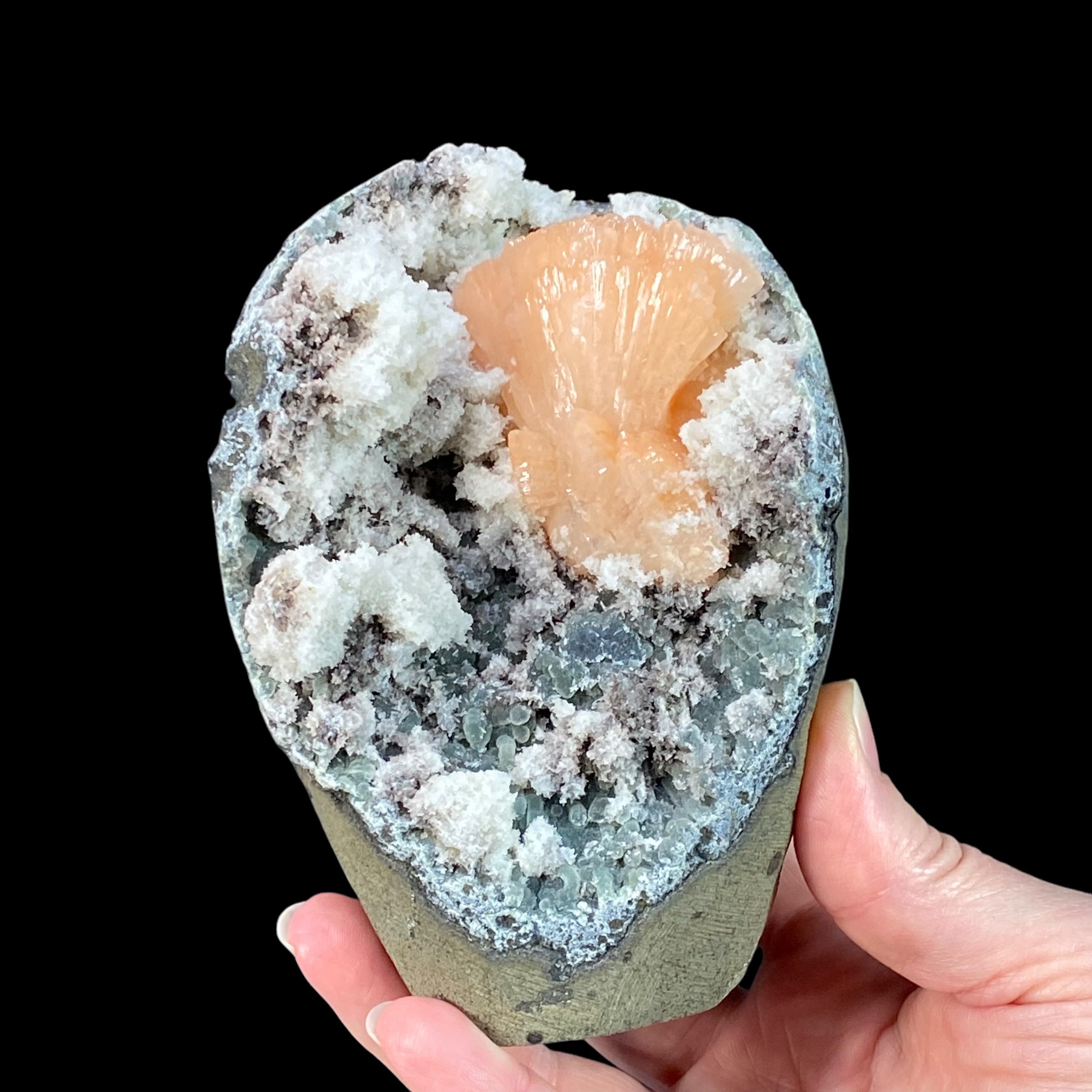 Pink Heulandite Fan Cluster with Apophyllite Crystals & Chalcedony in a Trimmed Pocket of Volcanic Basalt Matrix