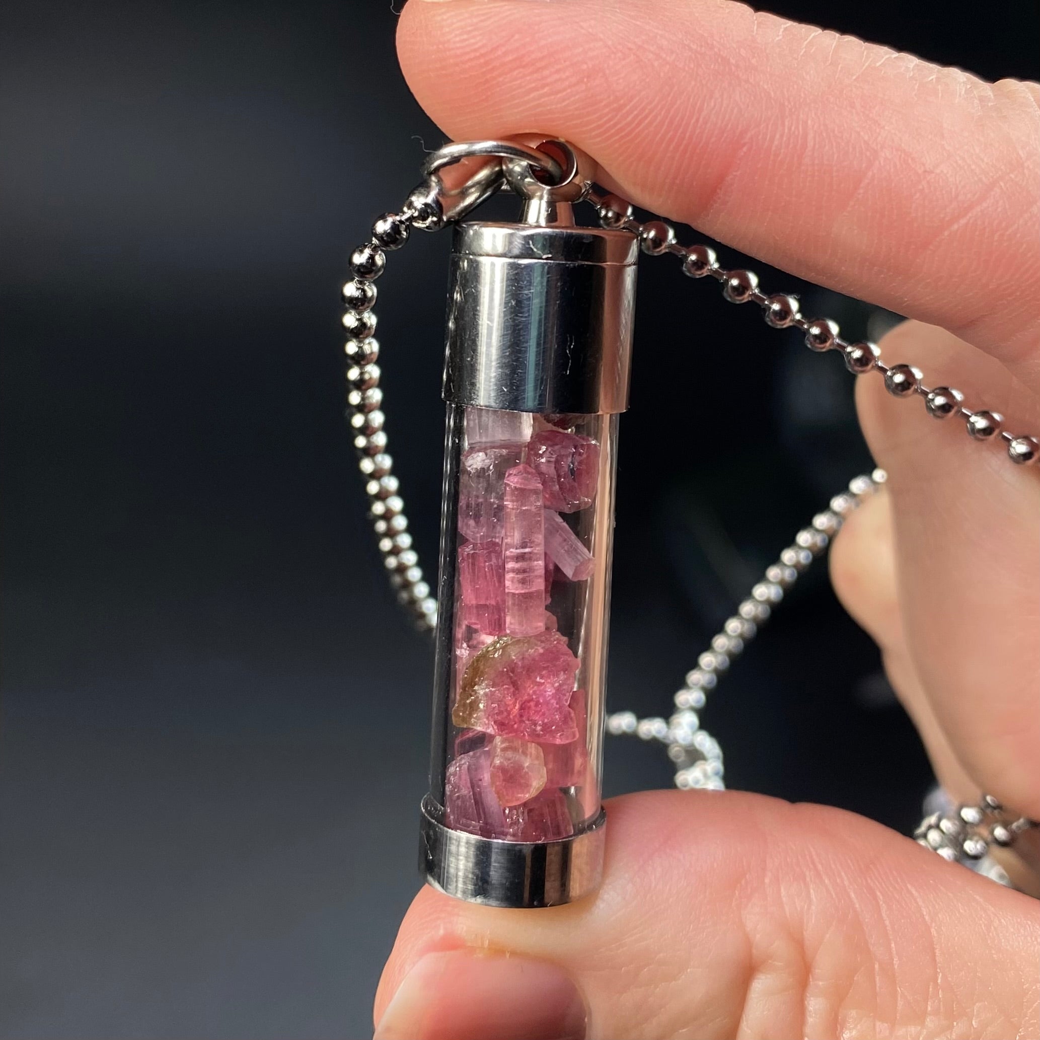 Pink Tourmaline Filled Vial Pendant Necklace
